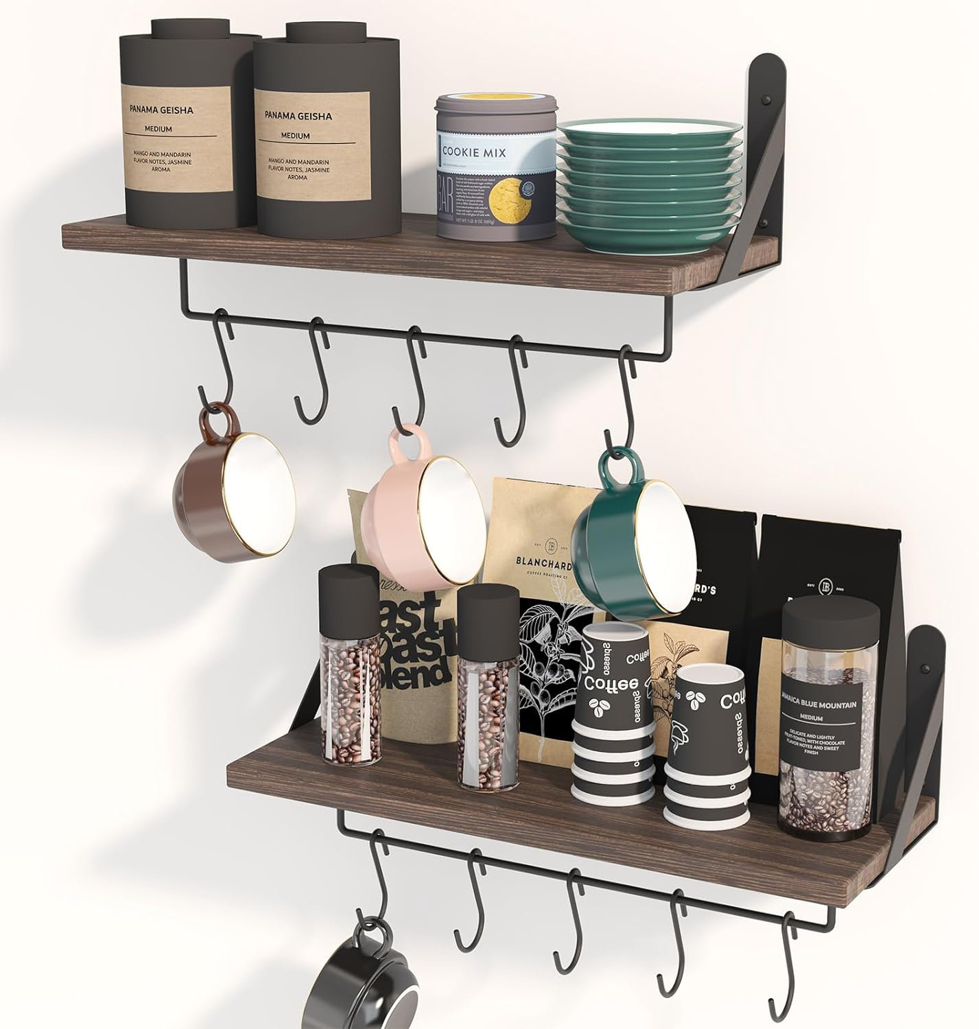 17 Stories Mug Holder Wall Mounted Coffee Mug Rack Set Of 2 Floating Coffee Bar Shelf For Coffee Bar Accessories With 10 Adjustable Hooks For Organizing Cooking Utensils Home Kitchen Decor Rustic Brow...